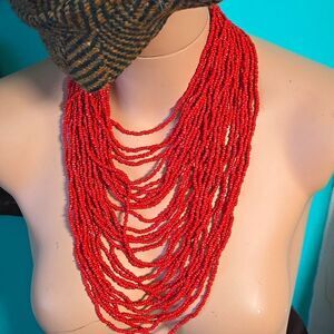 Vintage Red Coral Glass Seed Bead 70s Drapey Waterfall Boho Necklace